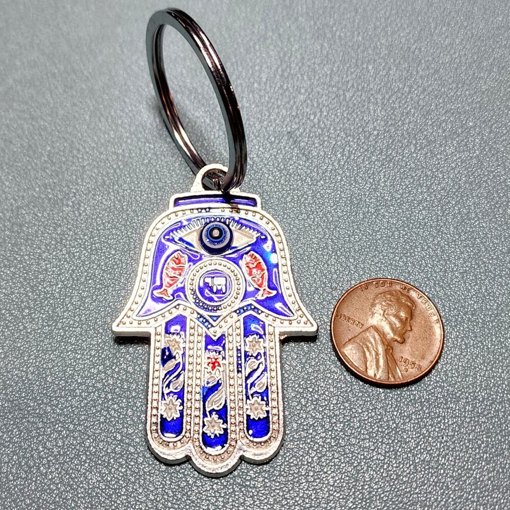 Silver Tone Blue Evil Eye Hamsa Hand of Fatima Keychain - Picture 2 of 4